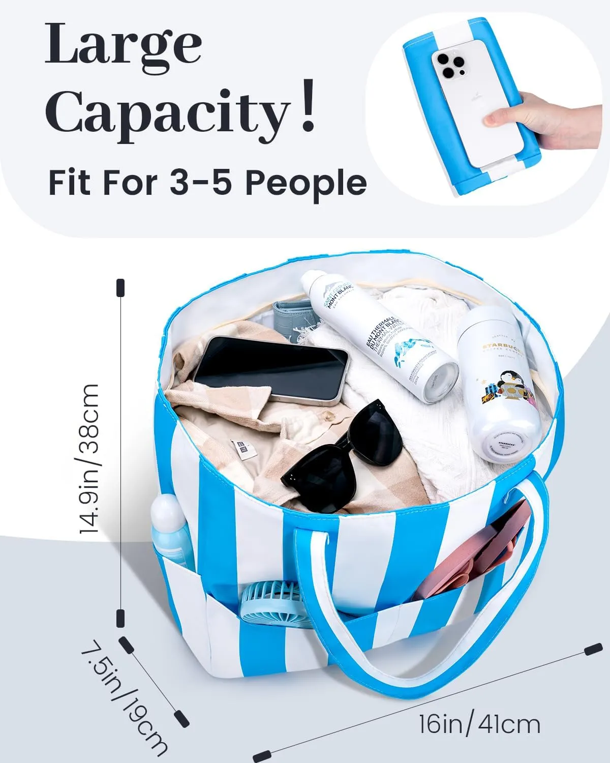 Iioscre Beach Bag for Women, Large Beach Tote Bag with Zipper Pockets, Waterproof Sandproof Swim Bag Pool Vacation Travel