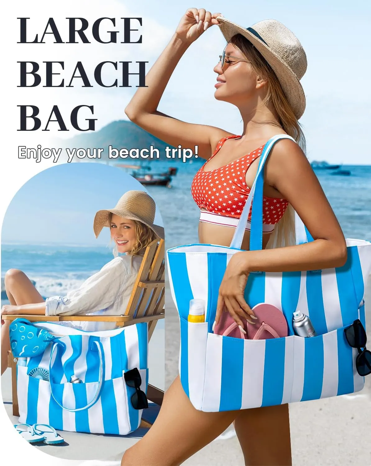 Iioscre Beach Bag for Women, Large Beach Tote Bag with Zipper Pockets, Waterproof Sandproof Swim Bag Pool Vacation Travel