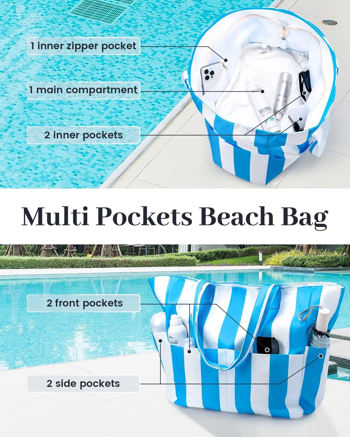 Iioscre Beach Bag for Women, Large Beach Tote Bag with Zipper Pockets, Waterproof Sandproof Swim Bag Pool Vacation Travel
