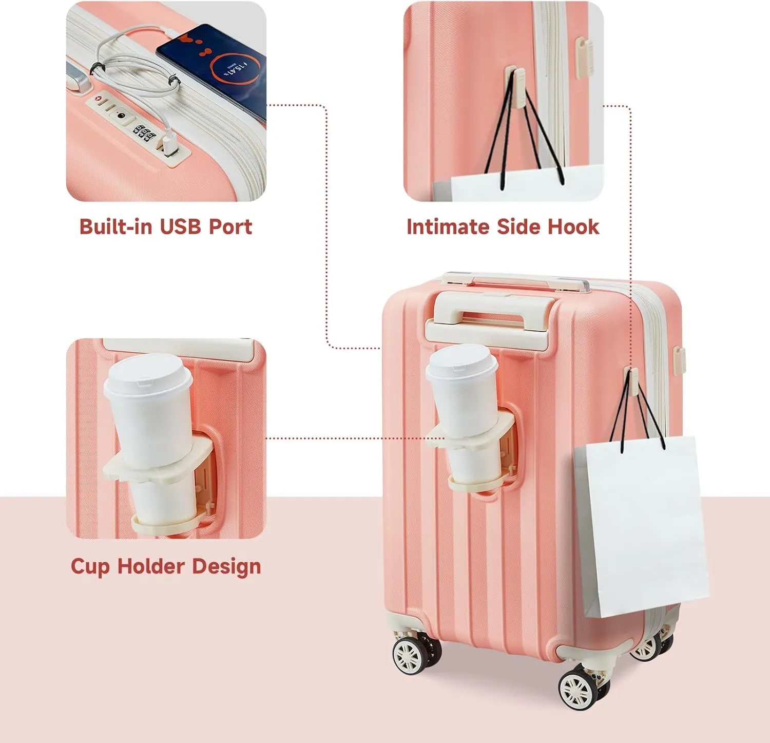 imiomo Luggage Sets 6 Piece Expandable Carry on Suitcase, Hardside with USB Port Cup Holder, Travel Spinner with Wheels TSA Lock Pink Beige