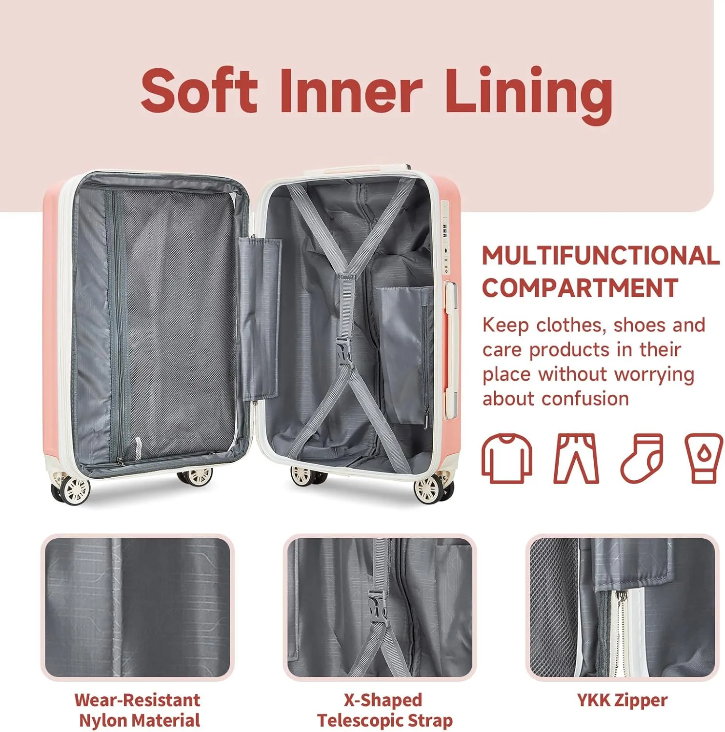 imiomo Luggage Sets 6 Piece Expandable Carry on Suitcase, Hardside with USB Port Cup Holder, Travel Spinner with Wheels TSA Lock Pink Beige