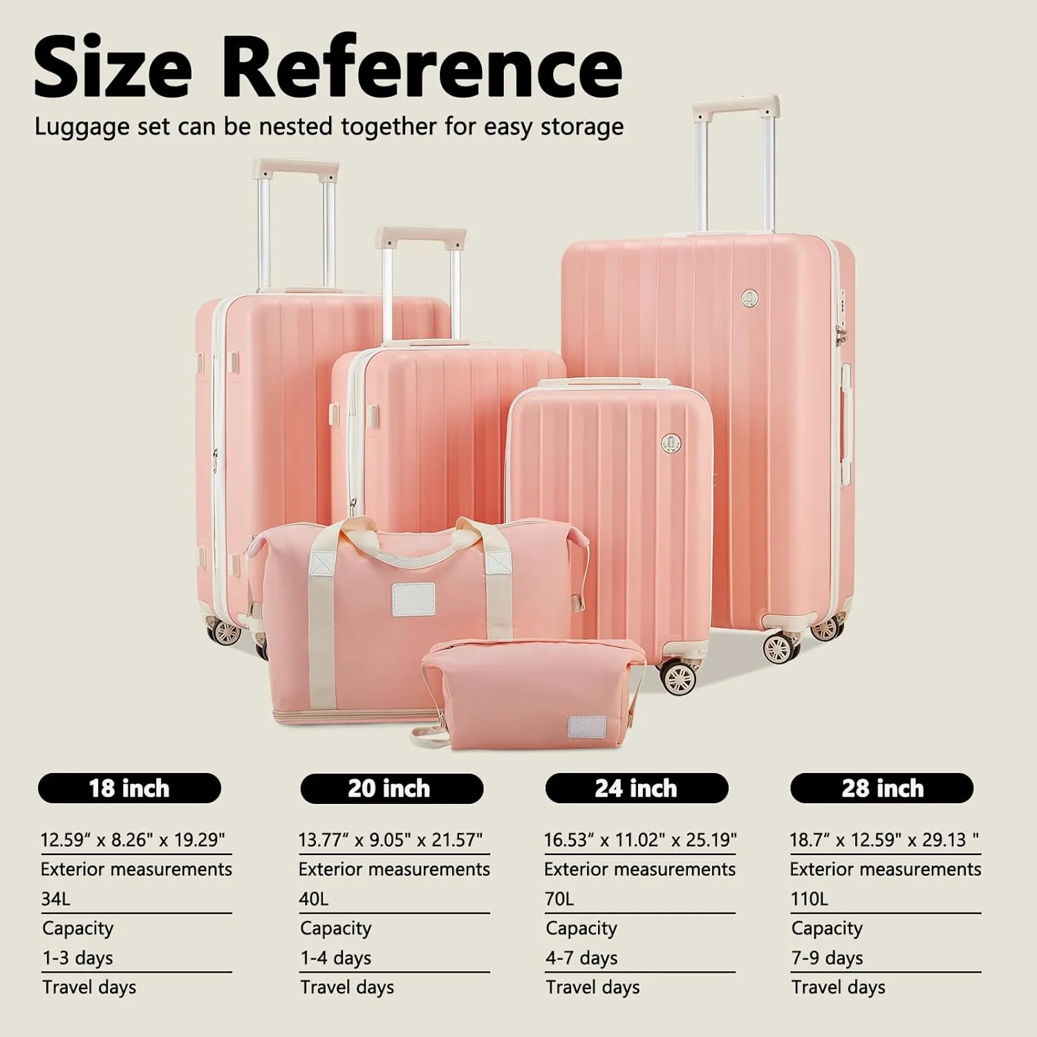 imiomo Luggage Sets 6 Piece Expandable Carry on Suitcase, Hardside with USB Port Cup Holder, Travel Spinner with Wheels TSA Lock Pink Beige