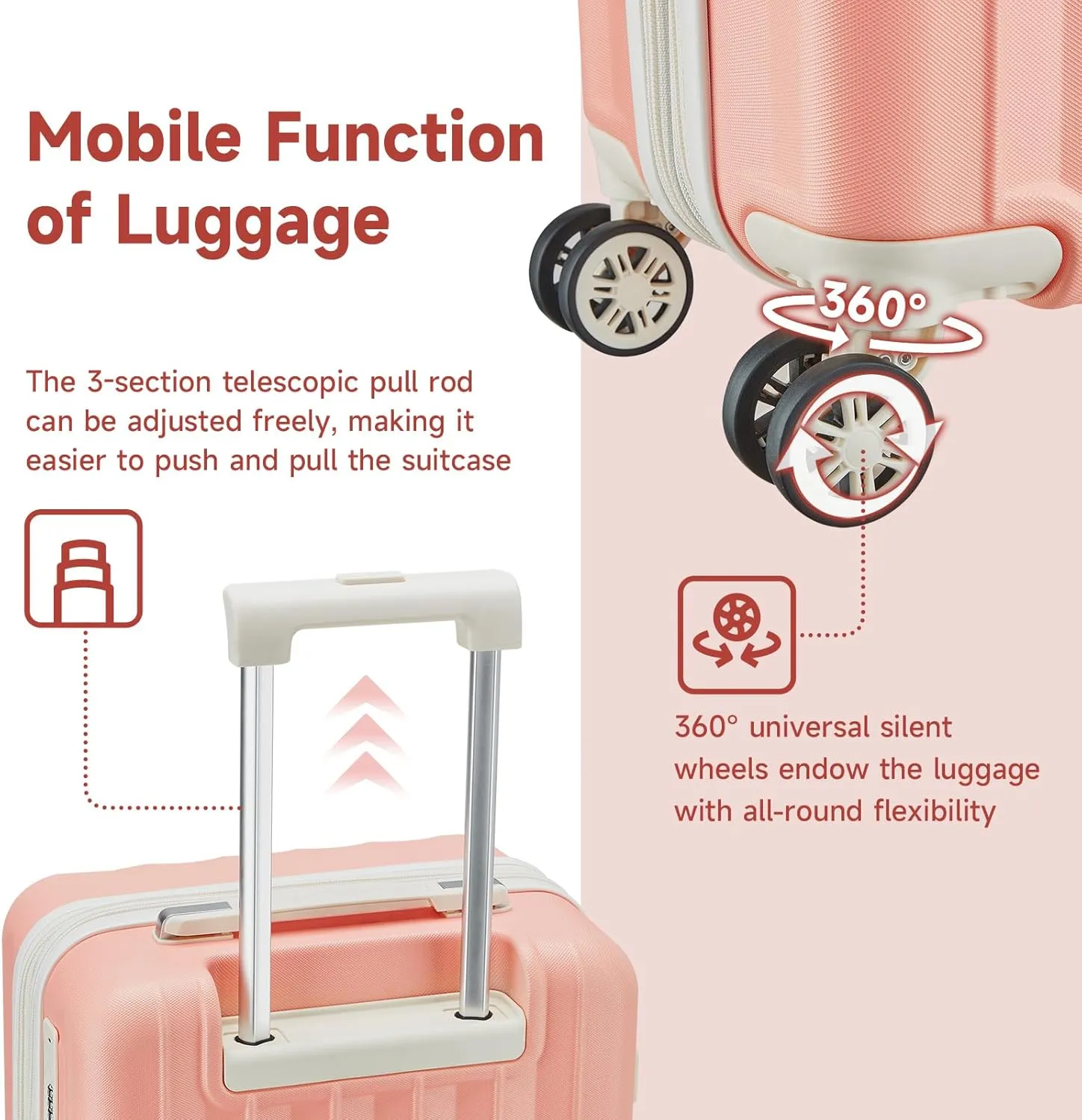 imiomo Luggage Sets 6 Piece Expandable Carry on Suitcase, Hardside with USB Port Cup Holder, Travel Spinner with Wheels TSA Lock Pink Beige