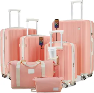 imiomo Luggage Sets 6 Piece Expandable Carry on Suitcase, Hardside with USB Port Cup Holder, Travel Spinner with Wheels TSA Lock Pink Beige