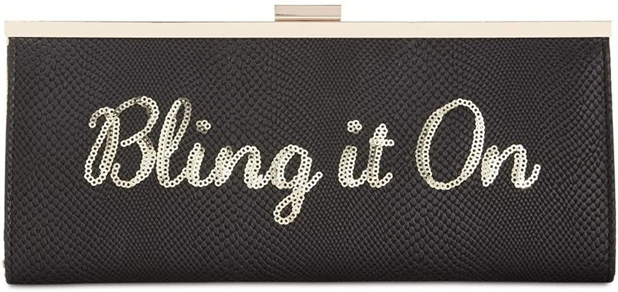 INC Womens Carolyn Faux Leather Sequined Clutch Handbag Black Small