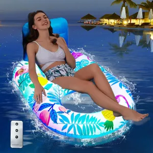 Inflatable Pool Float Lounger with Color Changing LED Lights, Adult Pool Chair with 2 Cup Holders, Large Backrest, Mesh Bottom, Light Up Floating Lounge Sofa for Pool, Beach, Lake, and Water Parties