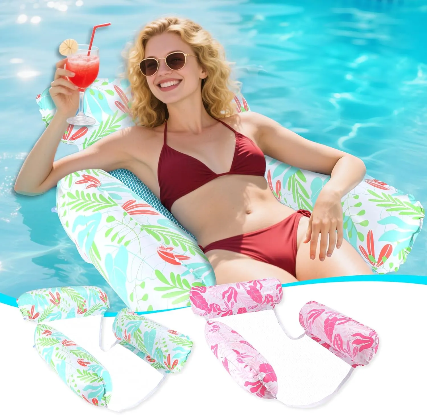 Inflatable Pool Floats for Adults, 2-Pack Multi-Purpose Pool Hammock Floating Chairs, Heavy Duty PVC Material, Water Floats for Swimming Pool, Beach, Summer Pool Toys Party Gifts, (Pink, Green)