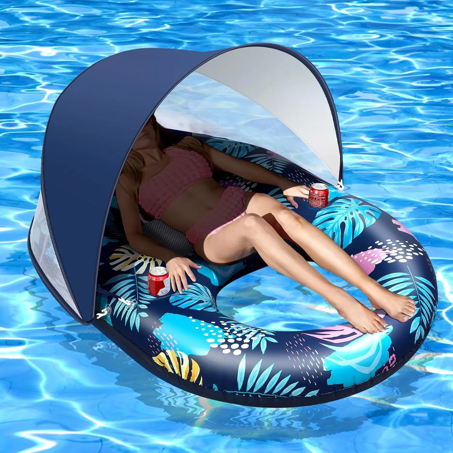 Inflatable Pool Floats with UPF50  Canopy-Removable-120° Adjustable, Large Pool Beach Floating Raft Lounge with 2 Cup Holders, Swimming Inflatable Pool Floats for Beach, Lake, Party
