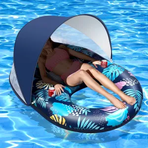 Inflatable Pool Floats with UPF50  Canopy-Removable-120° Adjustable, Large Pool Beach Floating Raft Lounge with 2 Cup Holders, Swimming Inflatable Pool Floats for Beach, Lake, Party