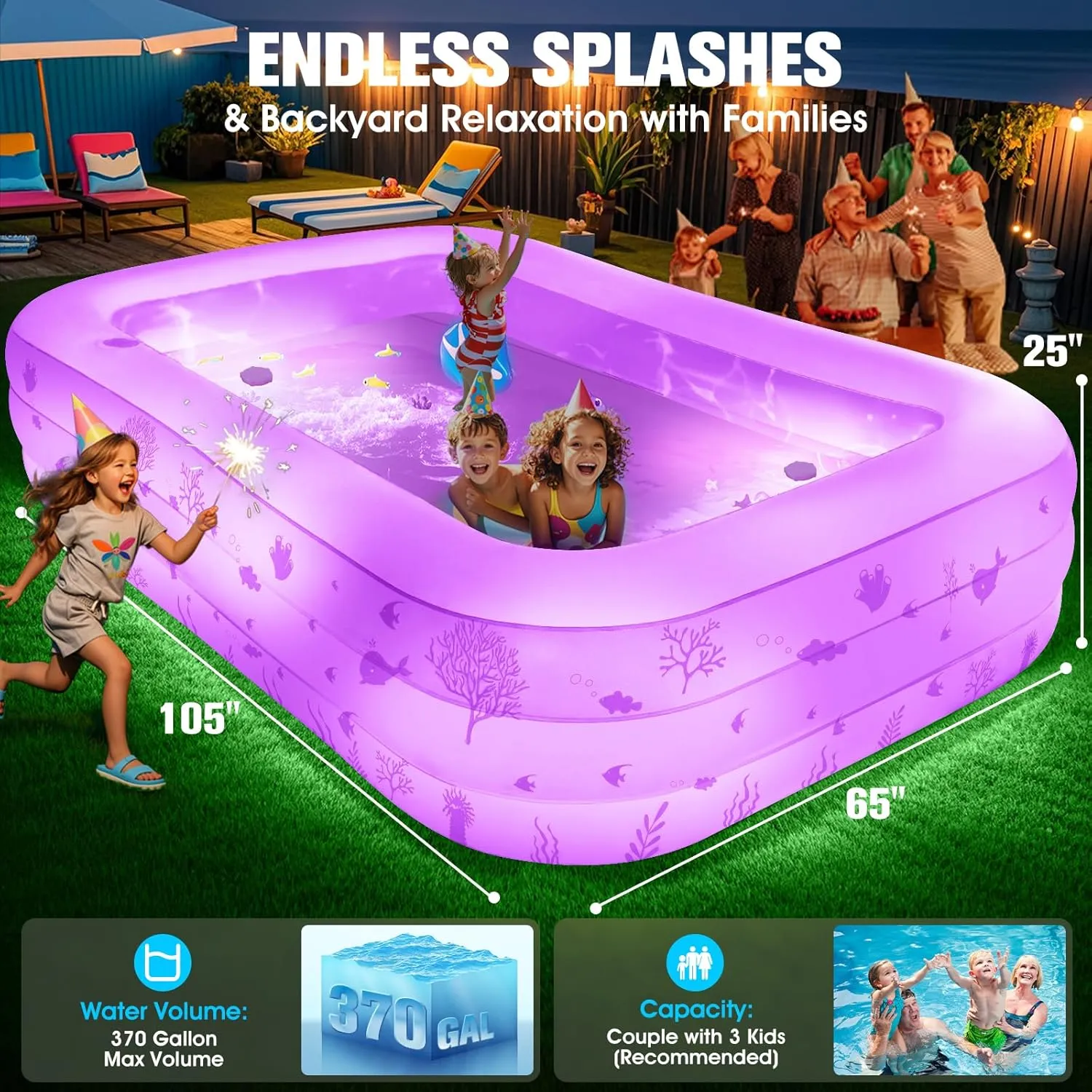 Inflatable Pool with Seat and Pool Lights, Durable Thickened Large Size Family Inflatable Pools for Adults Blow Up Pools,105" x 65" x 25"Swimming Inflatable Kids PooI for Backyard,Outdoor (White)