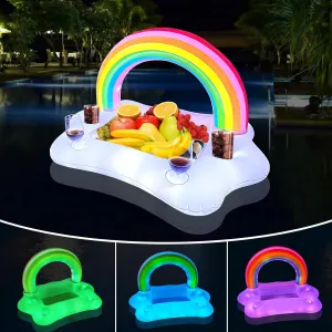 Inflatable Rainbow Cloud Drink Holder with Colorful Lights, Solar Powered Floating Serving Bar Cooler with 4 Cup Holders, Rainbow Drink Floatie for Pool Party, Hot Tub