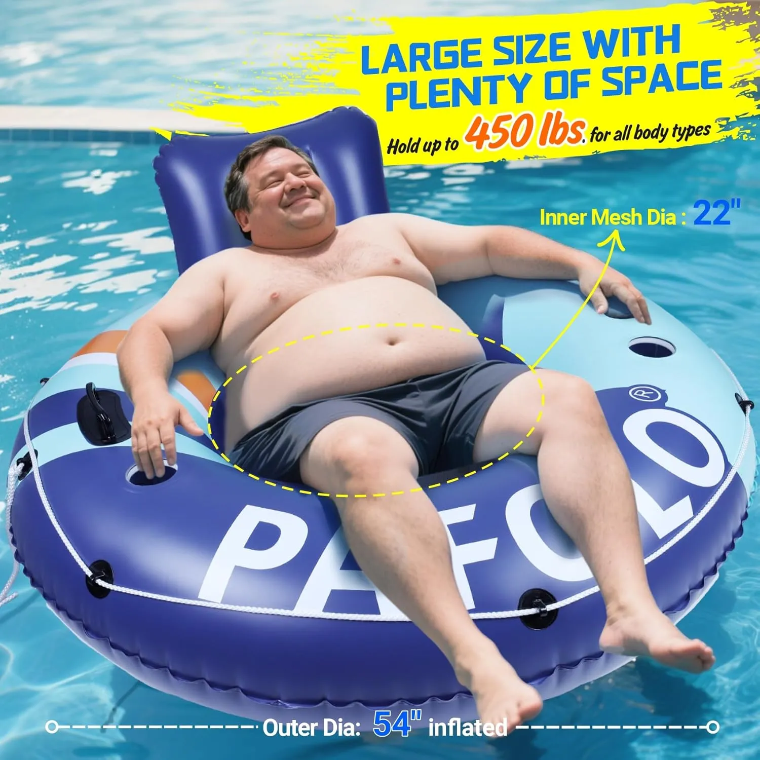 Inflatable River Tube Float, 53‘’Pool Float Adult, River Tubes for Floating Heavy Duty with Mesh Bottom, Water Tubes for Beach Lake Rafting, Comfortable Backrest & Cup Holders,450 lbs Weight Capacity