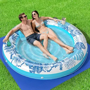 Inflatable Tanning Pool Lounger Float with Protection Tarp, 75" x 75" Pool Floats Adult with Pillow, 6 in 1 Suntan Tub Raft Floatie, Sunbathing Water Lounge Blow Up Pool Kids Ball Pit Party Gifts-Blue