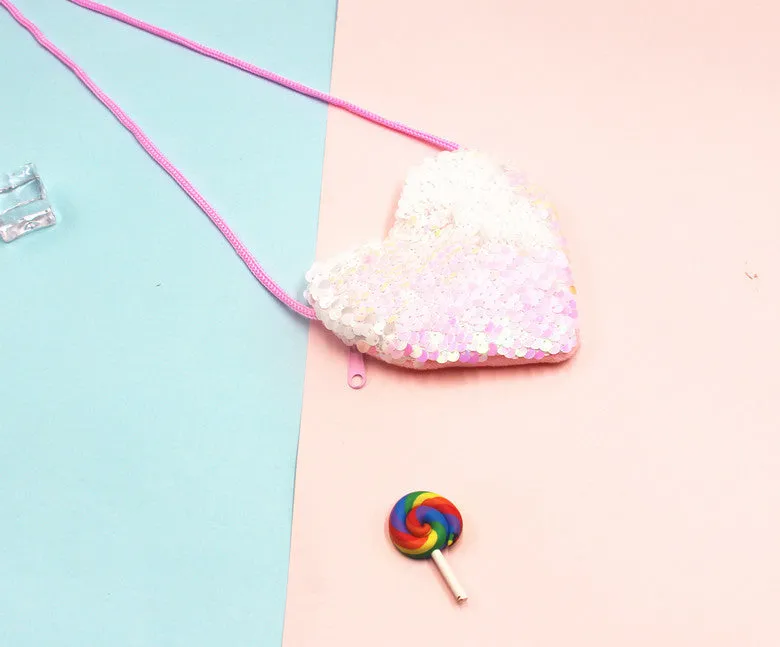 Innovative Children's Trendy Sequined Heart-shaped Lanyard Coin Purses