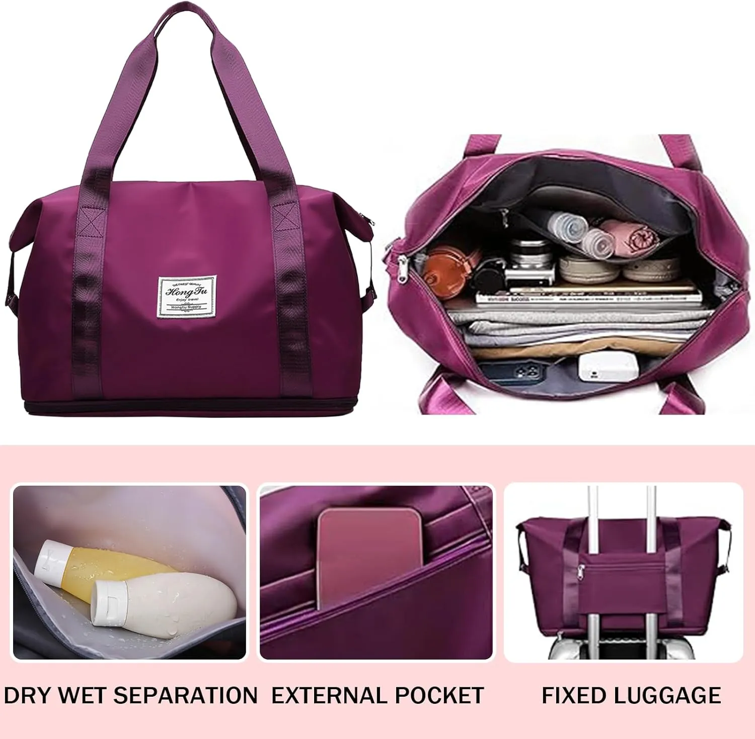 INVODA Travel Duffel Bag For Women and Men Waterproof Expandable Weekender Overnight Carry On Tote Bag Dry Wet Separation Swim Sports Gym Bag (Fuchsia)