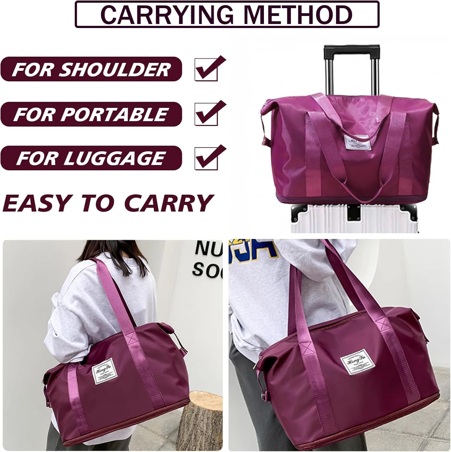 INVODA Travel Duffel Bag For Women and Men Waterproof Expandable Weekender Overnight Carry On Tote Bag Dry Wet Separation Swim Sports Gym Bag (Fuchsia)