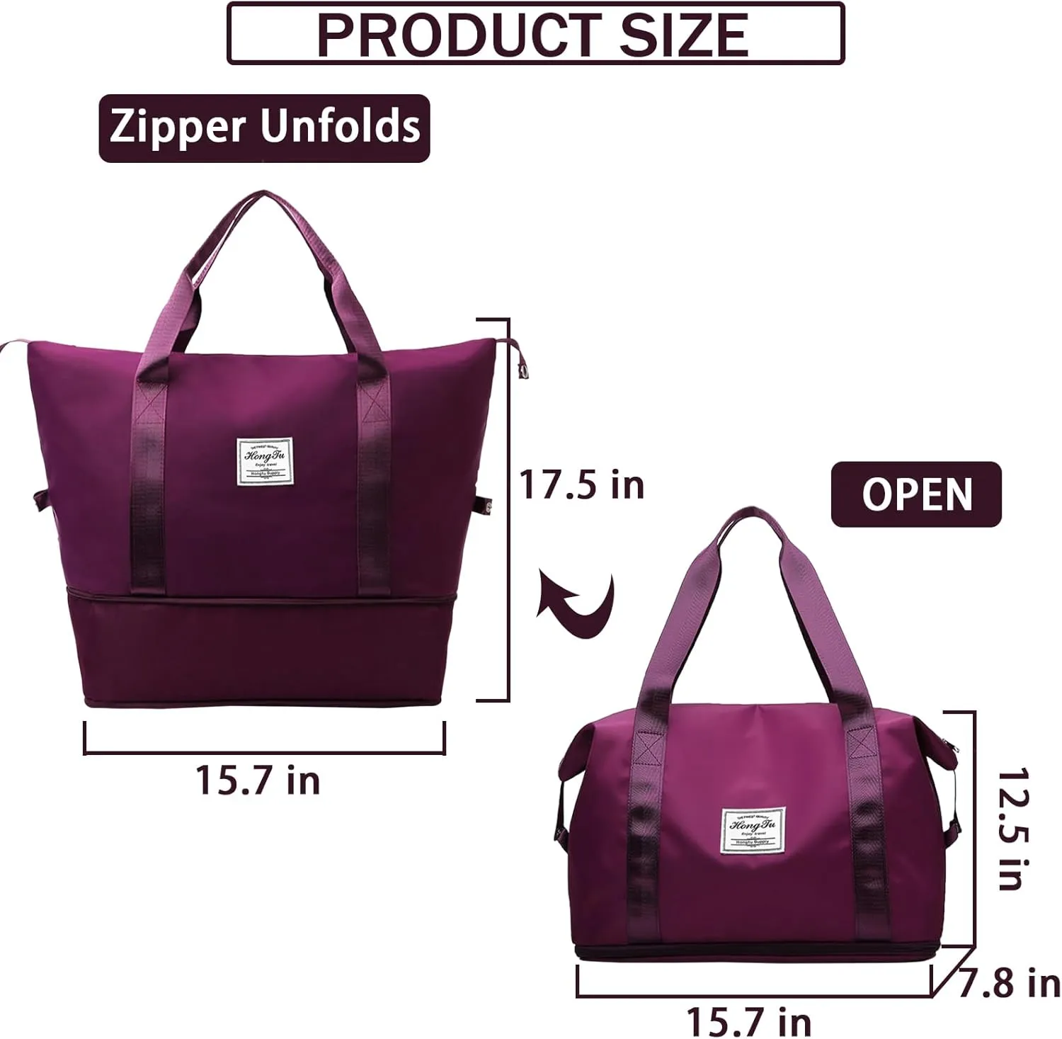 INVODA Travel Duffel Bag For Women and Men Waterproof Expandable Weekender Overnight Carry On Tote Bag Dry Wet Separation Swim Sports Gym Bag (Fuchsia)