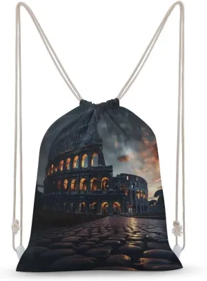 Italy Ancient Roman Landmarks Night Drawstring Backpack Gym Sackpack Draw String Sport Bag Workout Bag for Men Women 30x40cm