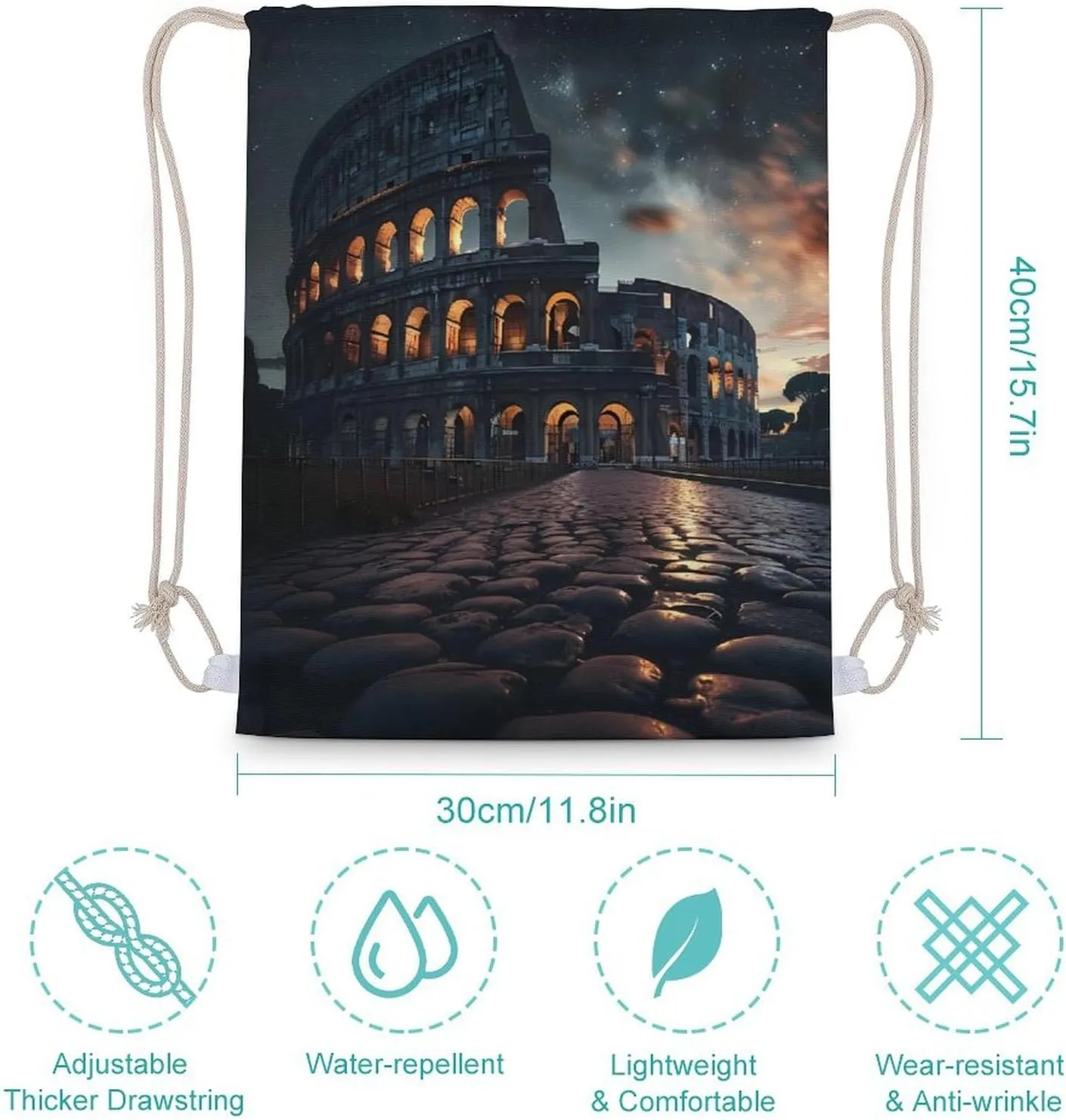 Italy Ancient Roman Landmarks Night Drawstring Backpack Gym Sackpack Draw String Sport Bag Workout Bag for Men Women 30x40cm