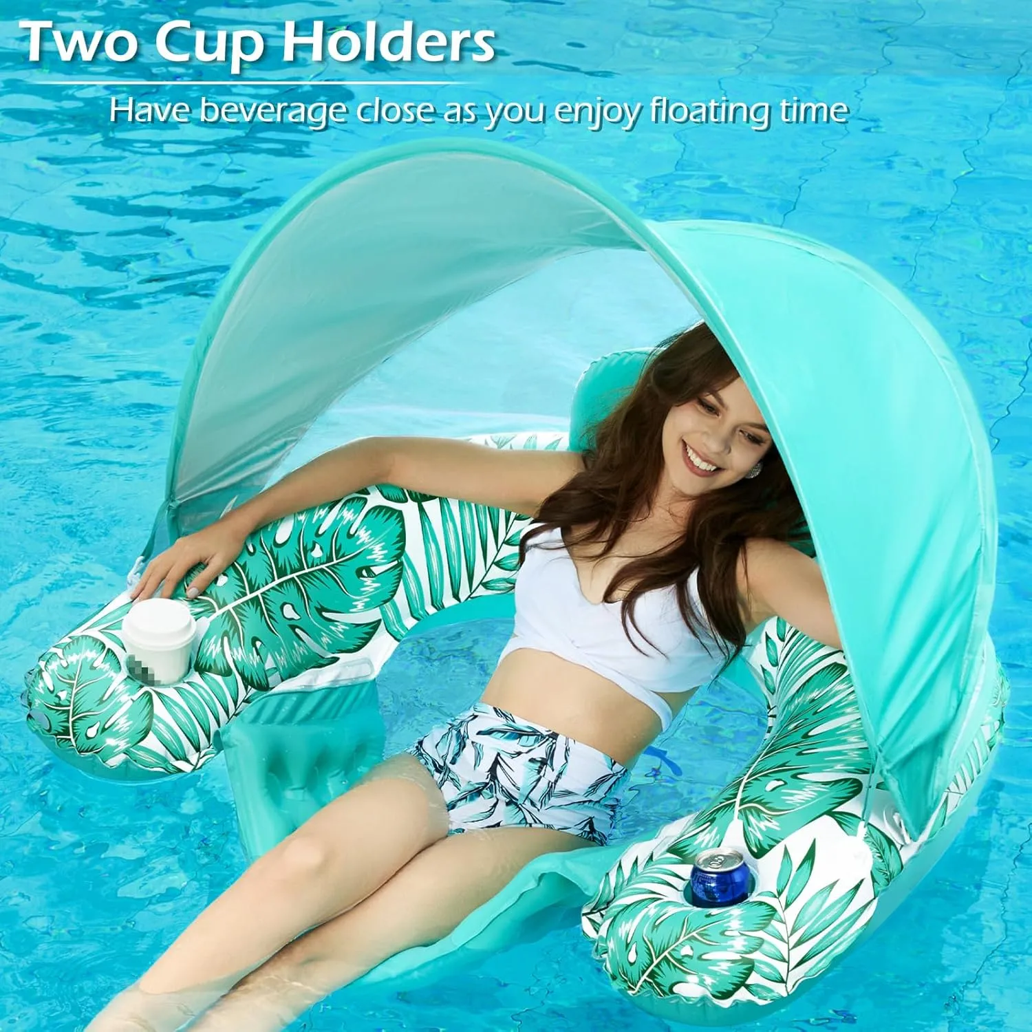 Jasonwell Pool Float with Canopy - Inflatable Pool Floaties Adult Floating Pool Chair Lounge Floats for Swimming Pool Water Chair Pool Lounger with Cup Holders Pool Toy Party Floaty for Adults