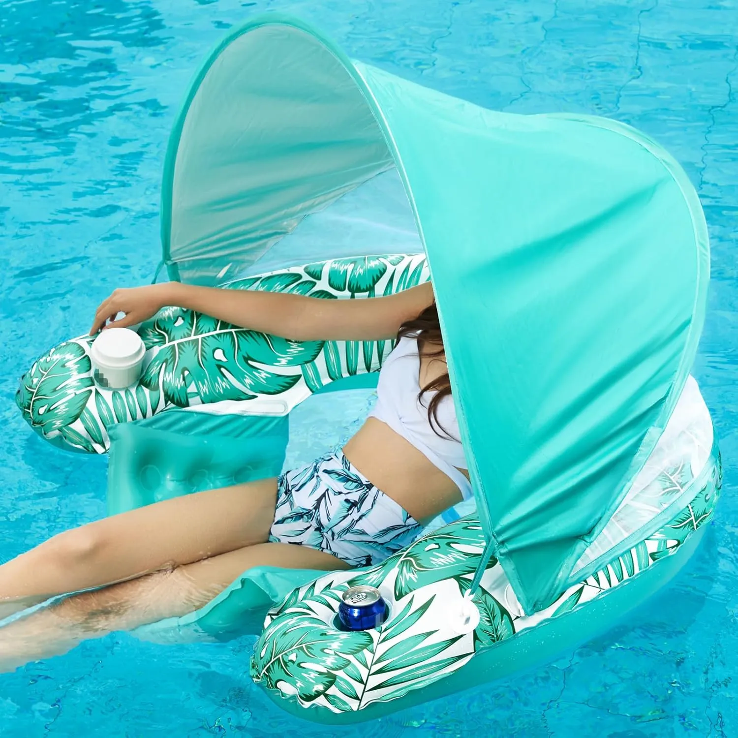 Jasonwell Pool Float with Canopy - Inflatable Pool Floaties Adult Floating Pool Chair Lounge Floats for Swimming Pool Water Chair Pool Lounger with Cup Holders Pool Toy Party Floaty for Adults