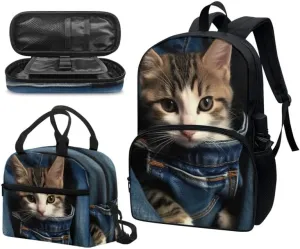 Jeans Pocket Cat Middle School Students Backpacks with Lunch Box Pencil Case Bags Travel Daypack Bookbag Set for Student