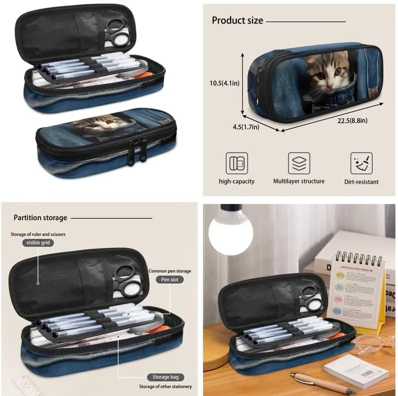 Jeans Pocket Cat Middle School Students Backpacks with Lunch Box Pencil Case Bags Travel Daypack Bookbag Set for Student