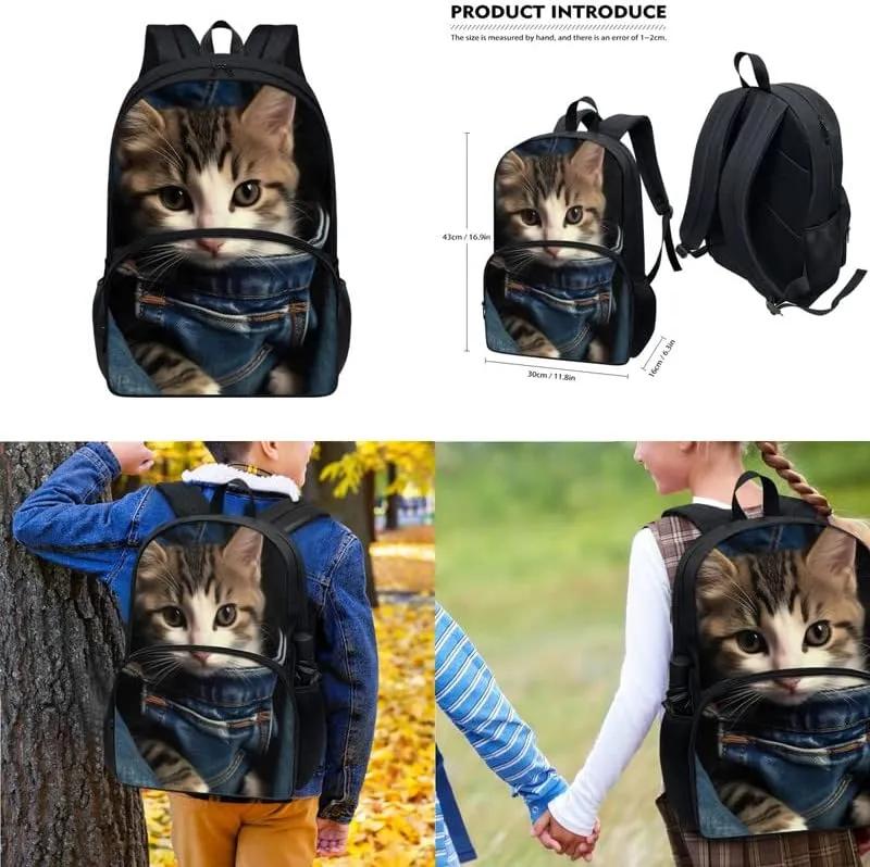 Jeans Pocket Cat Middle School Students Backpacks with Lunch Box Pencil Case Bags Travel Daypack Bookbag Set for Student