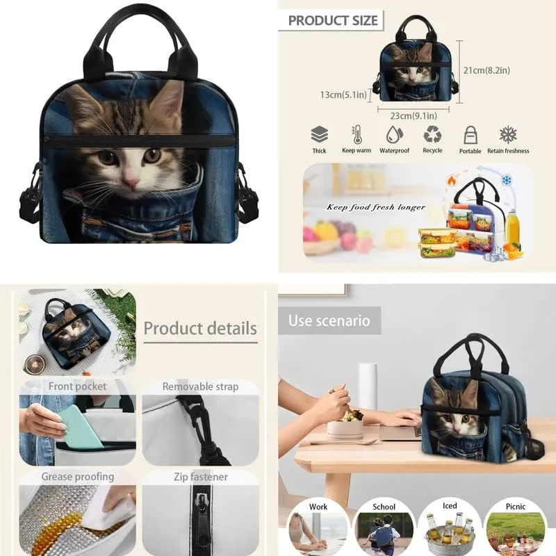Jeans Pocket Cat Middle School Students Backpacks with Lunch Box Pencil Case Bags Travel Daypack Bookbag Set for Student