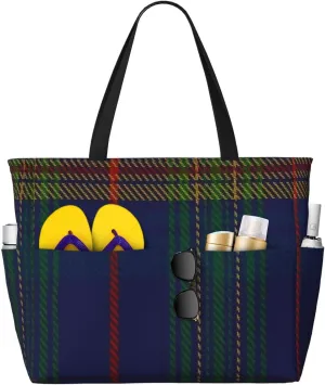 Jenkins Of Wales Clan Family Tartan Beach Bag Women Tote Bag Pool Bag With Zipper For Gym Grocery Travel With Wet Pocket