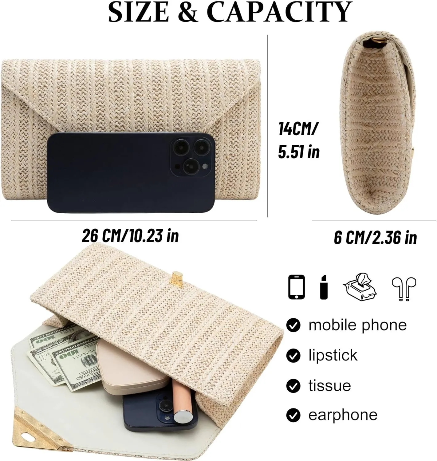jessie Straw Clutch Purse for Women Summer Woven Beach Bag Rattan Crossbody Evening Purses Vacation Handbags for Party