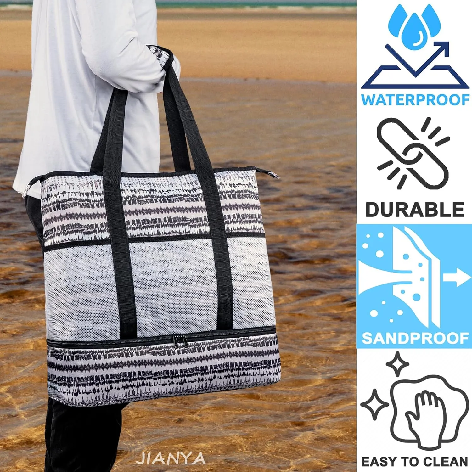 JIANYA Beach Bag XL Women Waterproof Beach Tote Pool Bags with Cooler Sandproof Beach Essentials for Beach Vacation Travel
