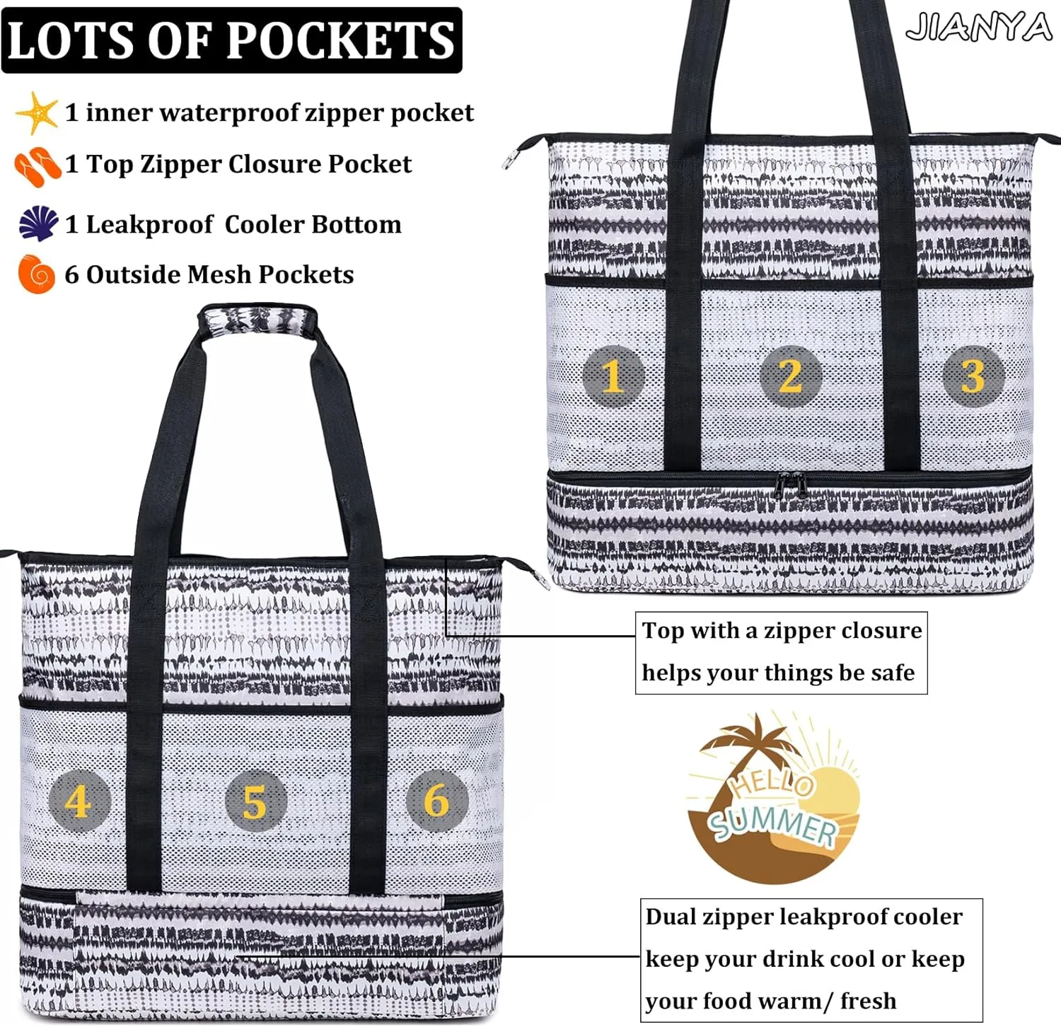 JIANYA Beach Bag XL Women Waterproof Beach Tote Pool Bags with Cooler Sandproof Beach Essentials for Beach Vacation Travel