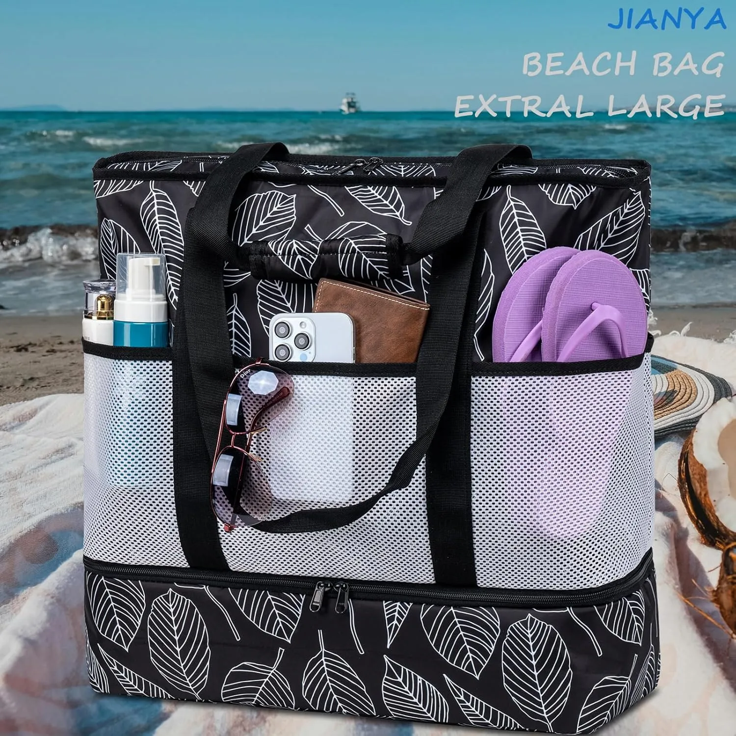 JIANYA Beach Bag XL Women Waterproof Beach Tote Pool Bags with Cooler Sandproof Beach Essentials for Beach Vacation Travel