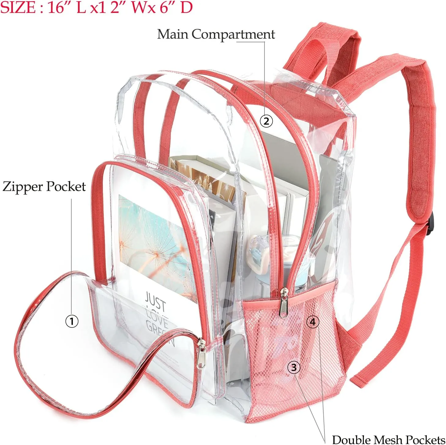 JOMPARO Clear Backpack for Girls, Pink Clear Bookbag See Through Backpack for Kids and Women for School Work College