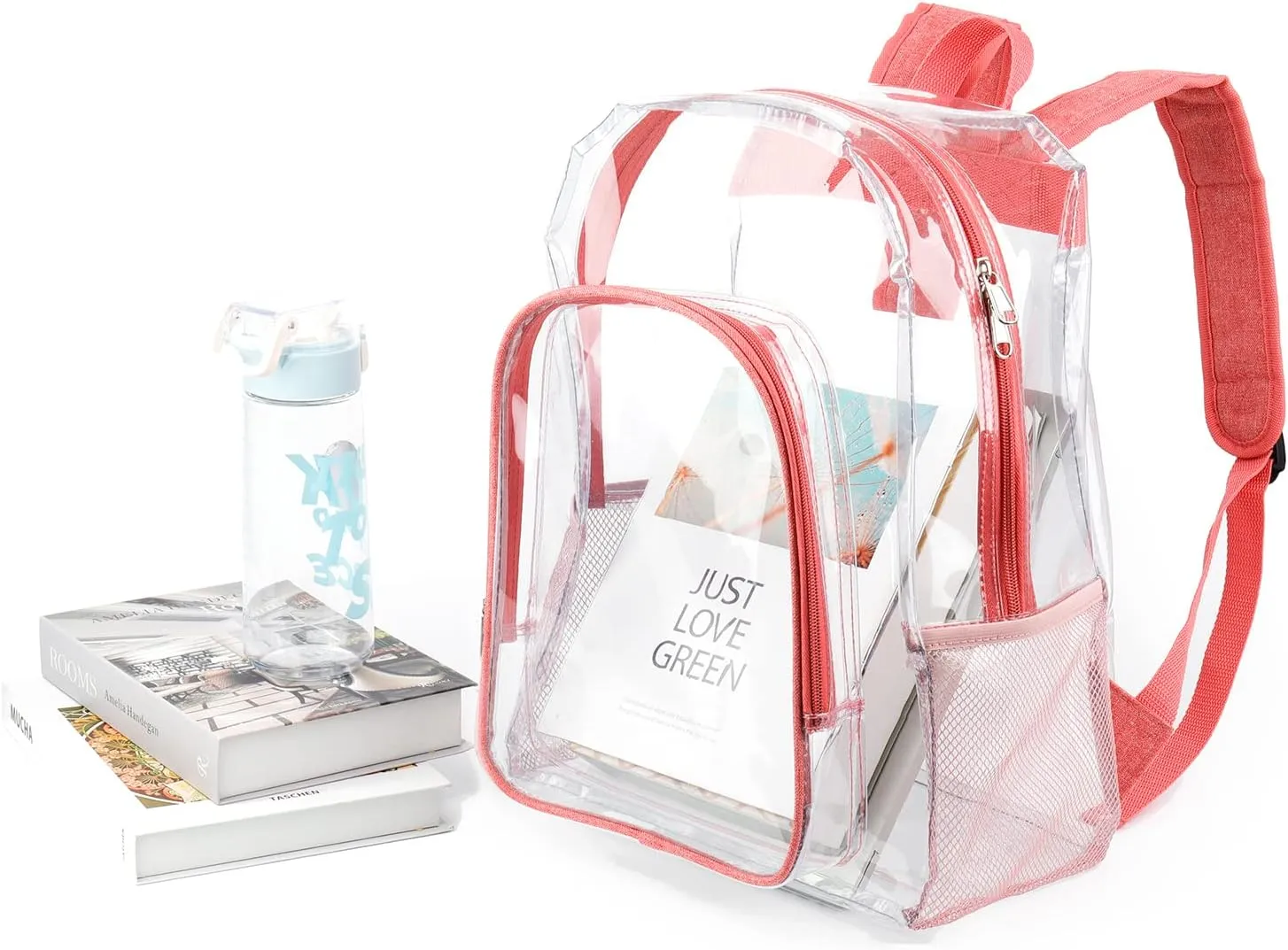 JOMPARO Clear Backpack for Girls, Pink Clear Bookbag See Through Backpack for Kids and Women for School Work College