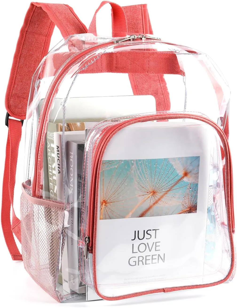 JOMPARO Clear Backpack for Girls, Pink Clear Bookbag See Through Backpack for Kids and Women for School Work College