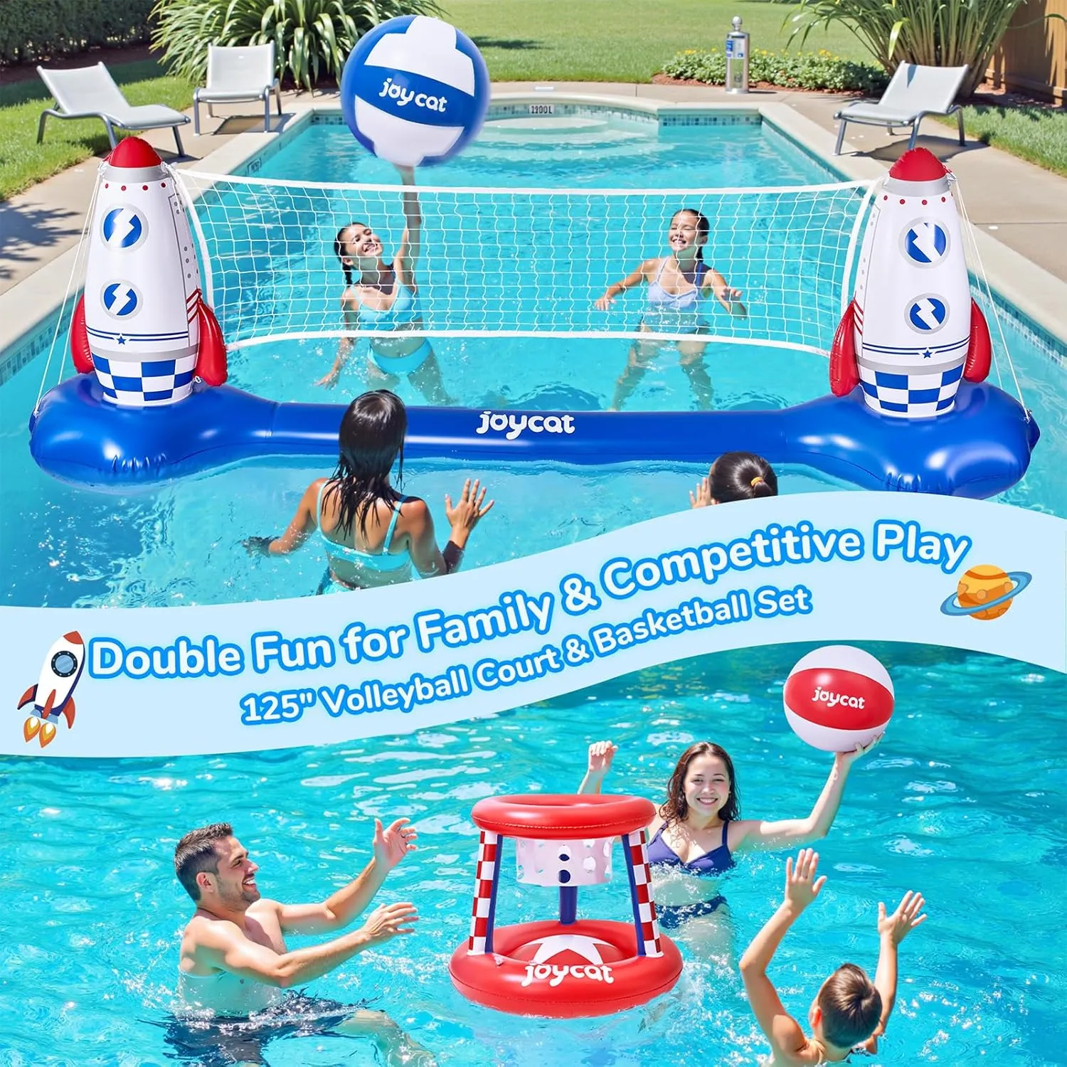 JoyCat Inflatable Pool Volleyball Set,125 Inch Volleyball Net & Basketball Hoop,Floating Swimming Pool Games Beach Toys for Kids,Water Games for Adults and Family,Pools Party Gift