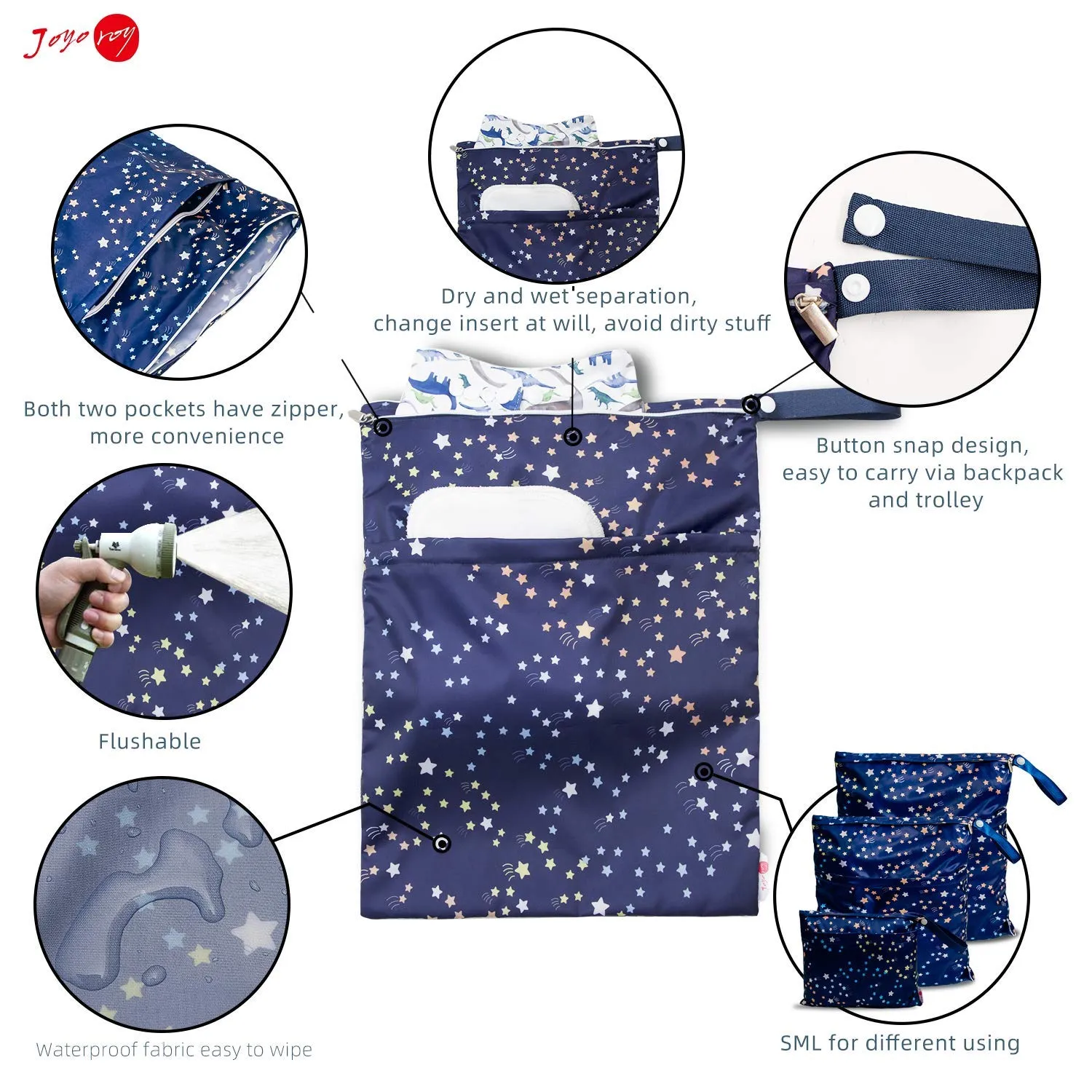 Joyo roy 3pcs Baby Wet Bag for Cloth Diapers Waterproof Wet Dry Bags for Breast Pump Parts, Swimsuit, Pool, Dirty Clothes Reusable 2 Zipper Pouches for Organization 12in*14.5in Waterproof Travel Bag