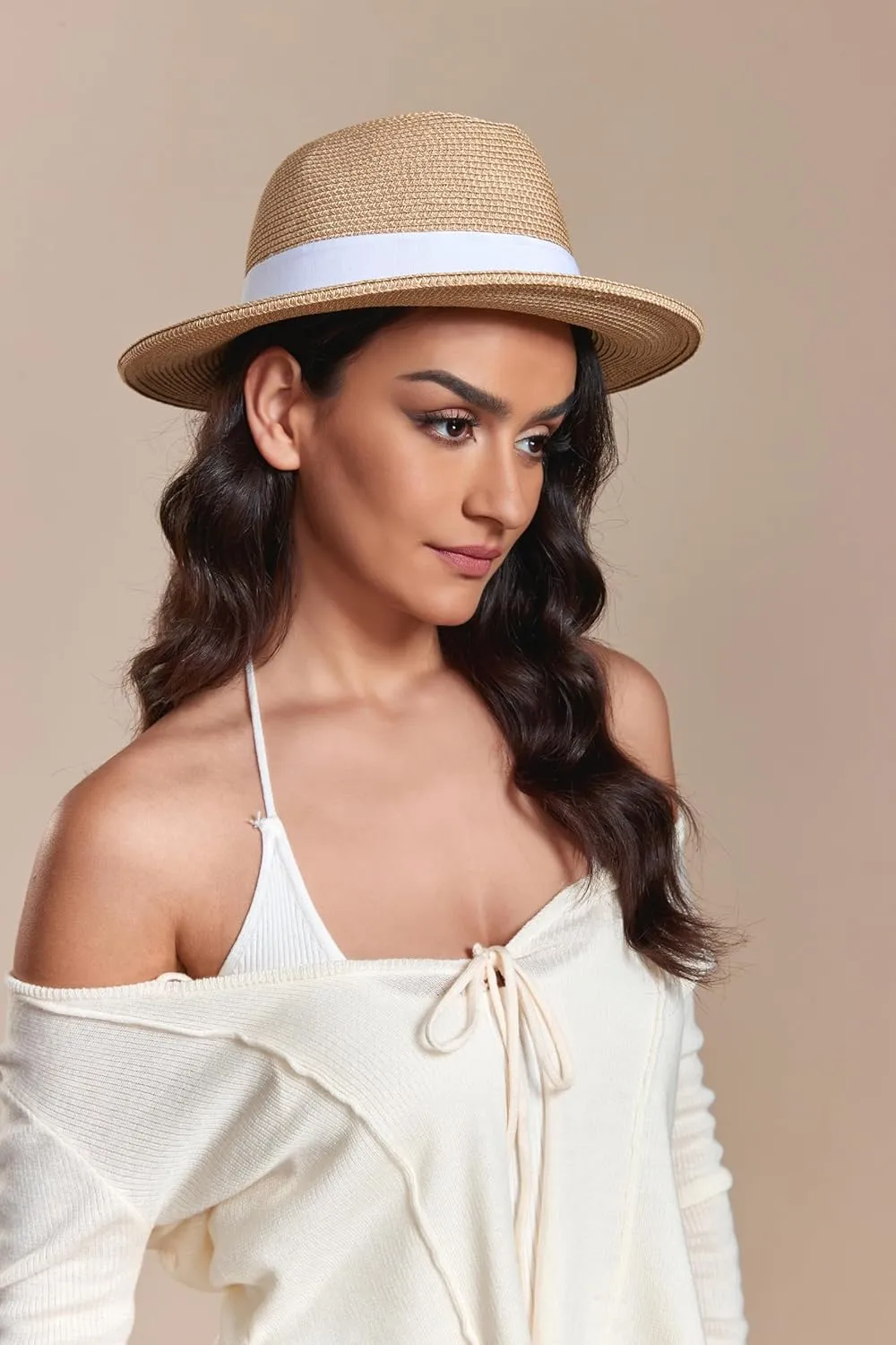 Joywant Womens Straw Fedora Beach Sun Hat, Packable Wide Brim Panama Hat for Women UV UPF50  Summer Hat