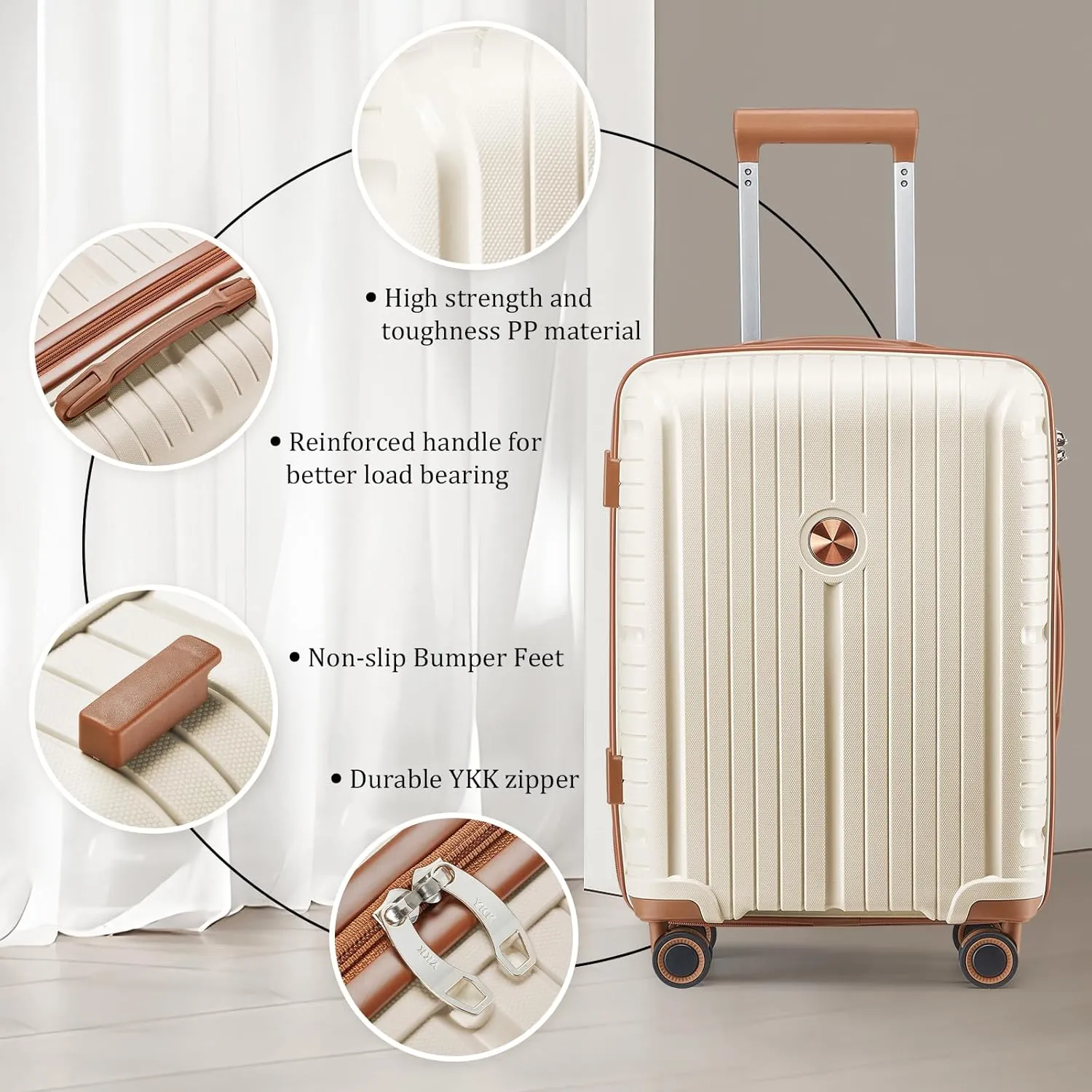 Joyway Luggage Sets 6 Piece PP Hardside Carry on Suitcase with Spinner Wheels and TSA Lock for Travel, Beige Brown