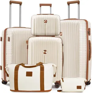 Joyway Luggage Sets 6 Piece PP Hardside Carry on Suitcase with Spinner Wheels and TSA Lock for Travel, Beige Brown