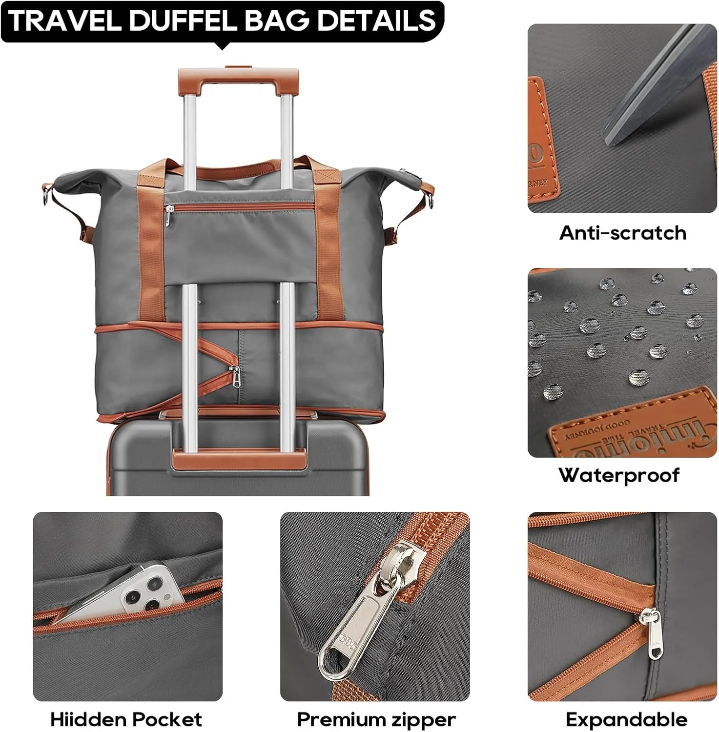 JOYWAY Travel Gym Duffel Bag - Weekender Bags for Women, Large Tote Overnight Bag, Sports Shoulder Hospital Bag (Grey Brown)