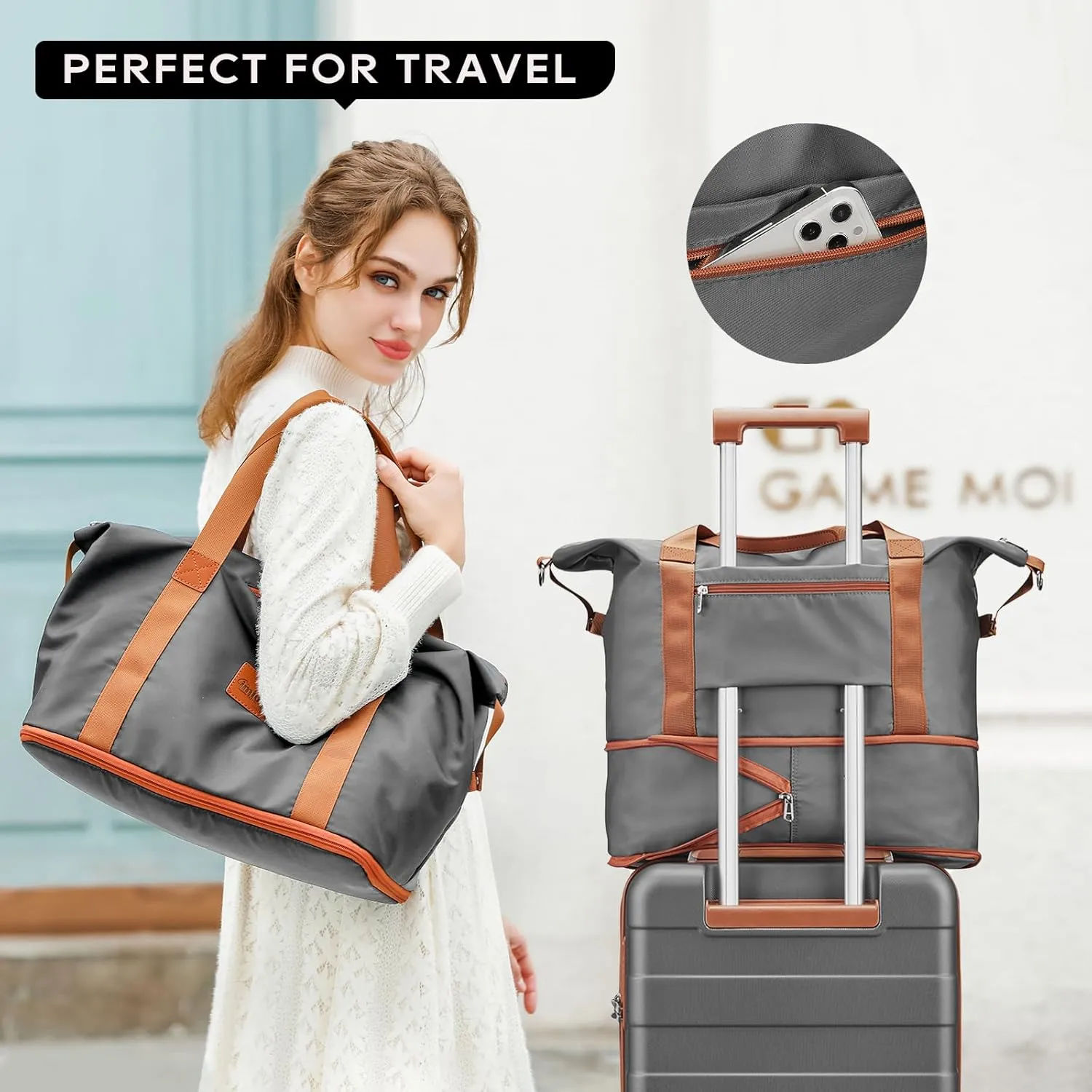JOYWAY Travel Gym Duffel Bag - Weekender Bags for Women, Large Tote Overnight Bag, Sports Shoulder Hospital Bag (Grey Brown)