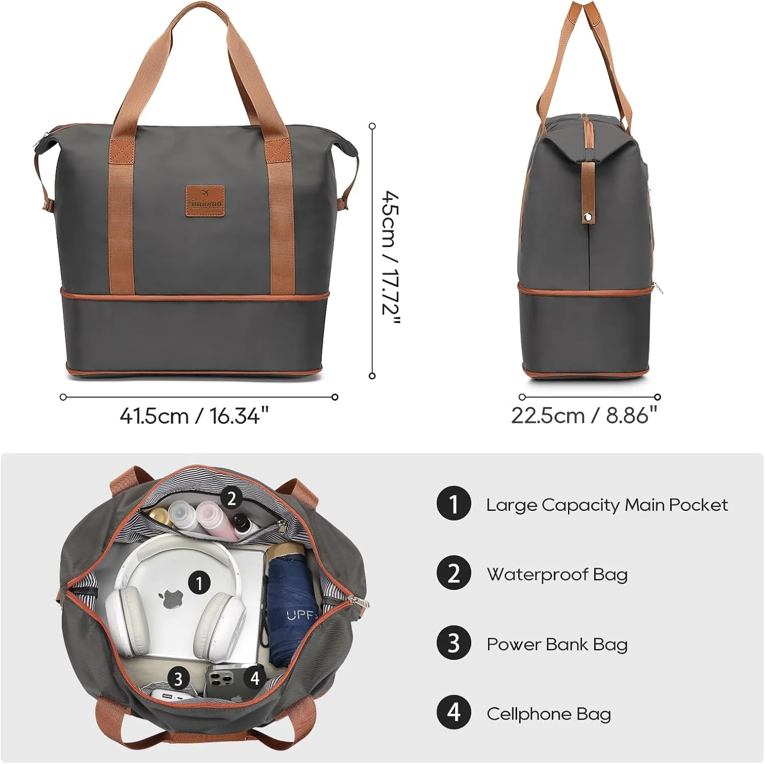 JOYWAY Travel Gym Duffel Bag - Weekender Bags for Women, Large Tote Overnight Bag, Sports Shoulder Hospital Bag (Grey Brown)