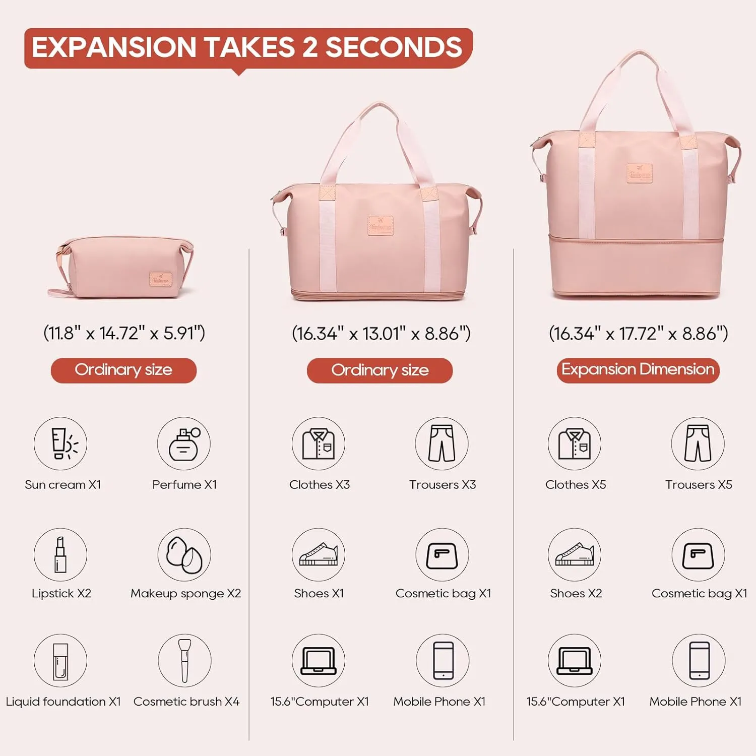 JOYWAY Travel Gym Duffel Bag - Weekender Bags for Women, Large Tote Overnight Bag, Sports Shoulder Hospital Bag (Pink)