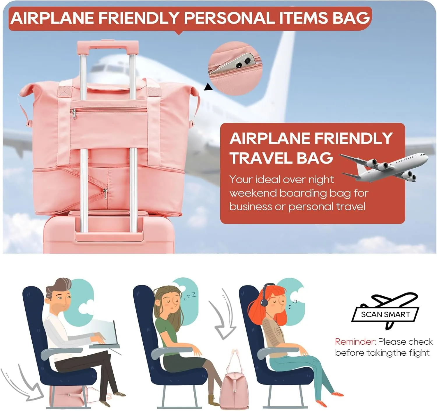 JOYWAY Travel Gym Duffel Bag - Weekender Bags for Women, Large Tote Overnight Bag, Sports Shoulder Hospital Bag (Pink)