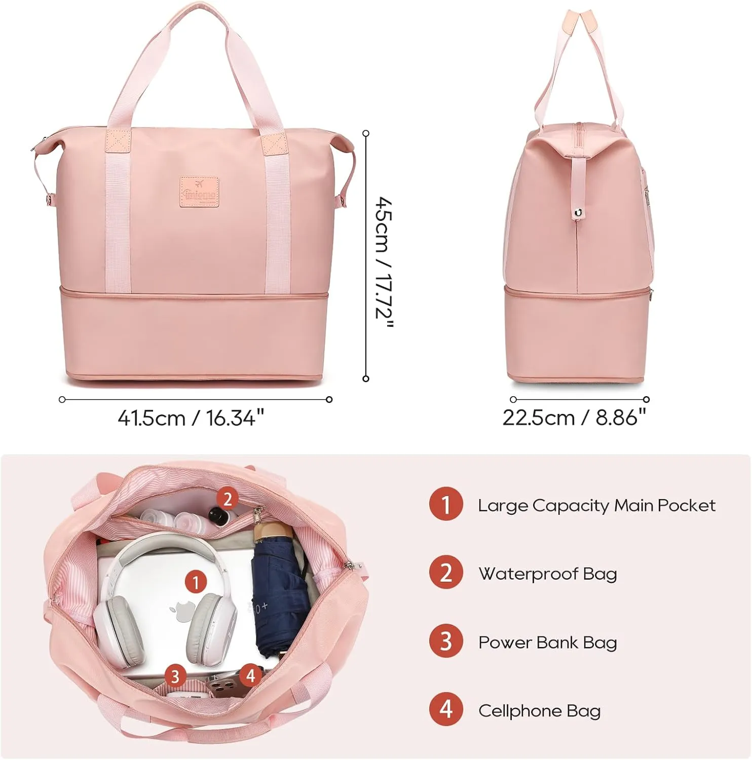 JOYWAY Travel Gym Duffel Bag - Weekender Bags for Women, Large Tote Overnight Bag, Sports Shoulder Hospital Bag (Pink)