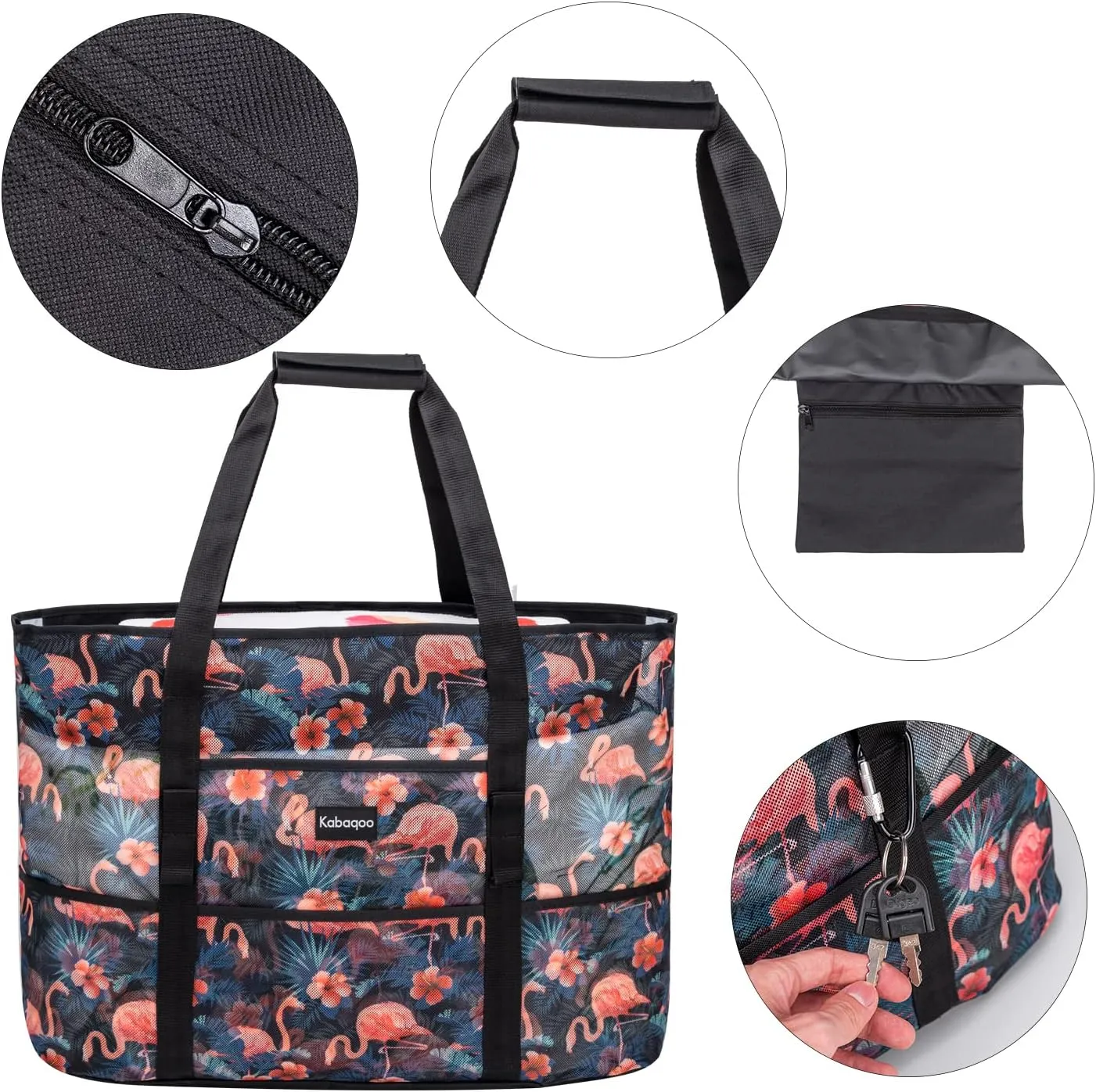 KABAQOO Mesh Beach Bag, Extra Large Beach Bags with 9 Pockets & Zipper Waterproof Lightweight Beach Tote for Beach/Pool Trip