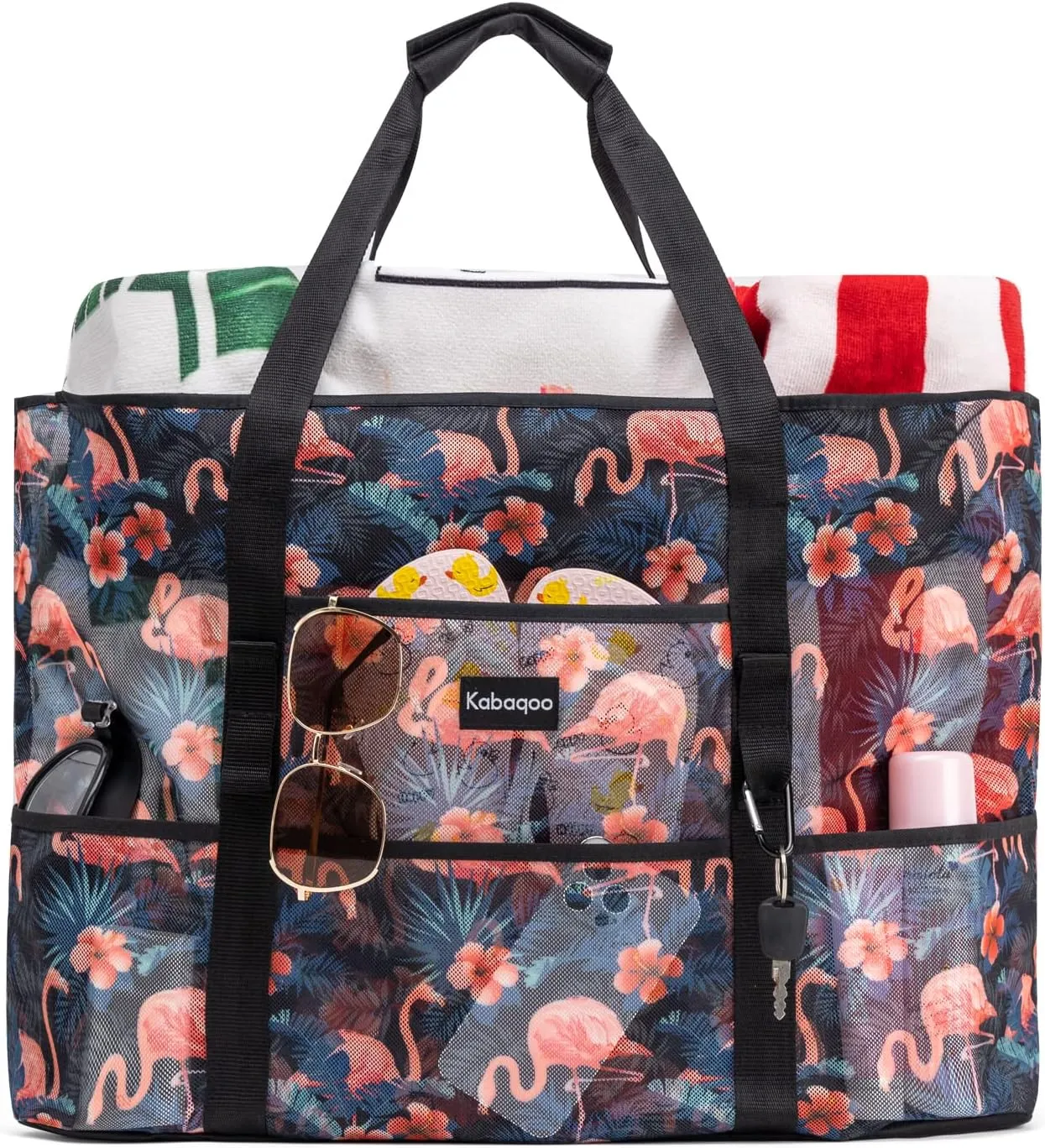 KABAQOO Mesh Beach Bag, Extra Large Beach Bags with 9 Pockets & Zipper Waterproof Lightweight Beach Tote for Beach/Pool Trip
